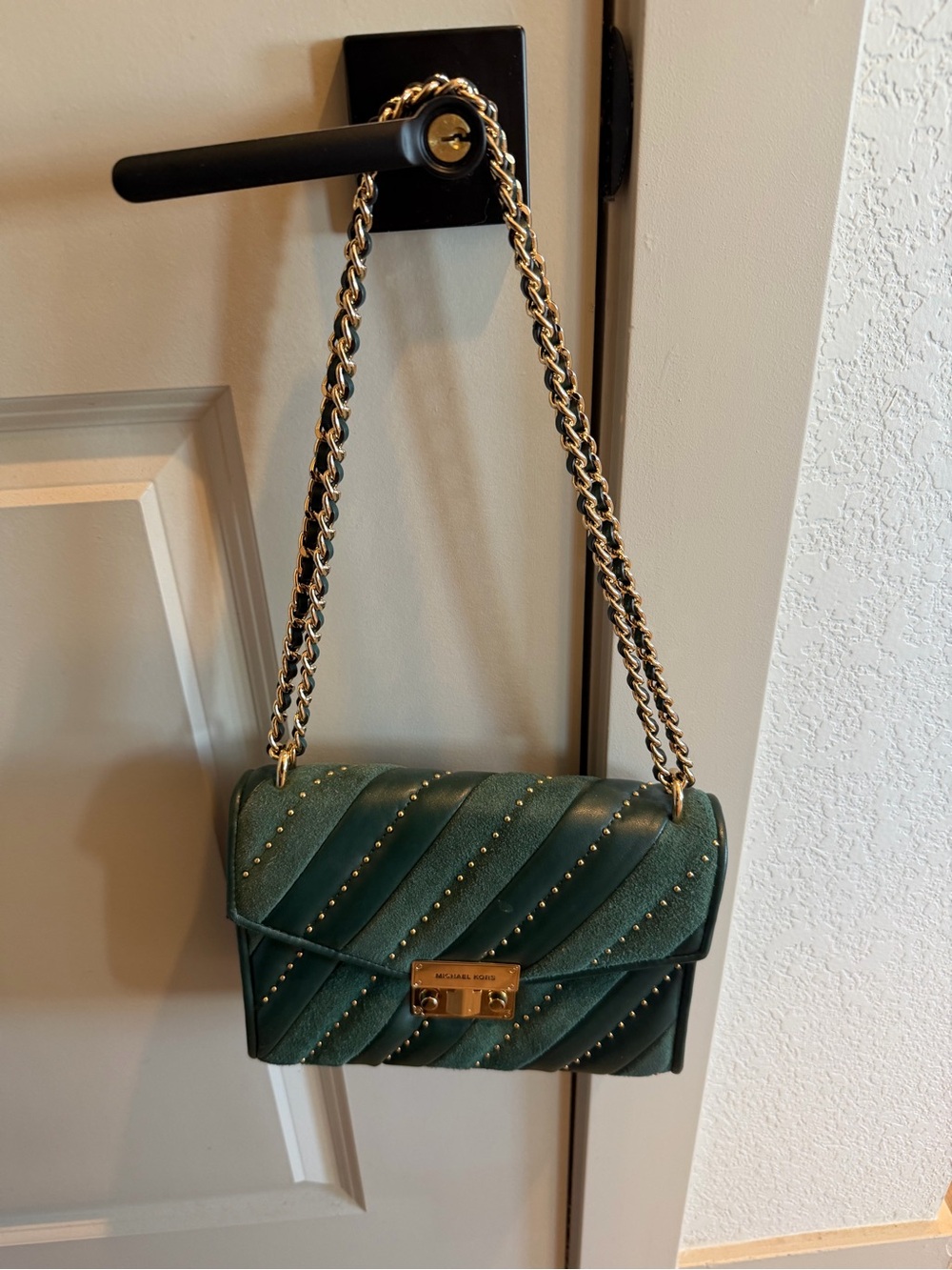 Michael Kors Rose Medium Flap Shoulder Bag in Racing Green, featuring a quilted